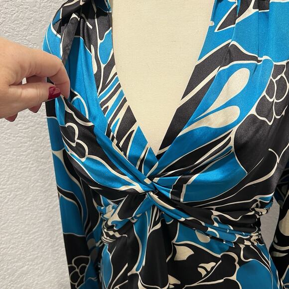 Vtg 90s Y2k Cache Silk Blend Blue Black Artsy Long Sleeve Blouse Cross Front L - Picture 3 of 10